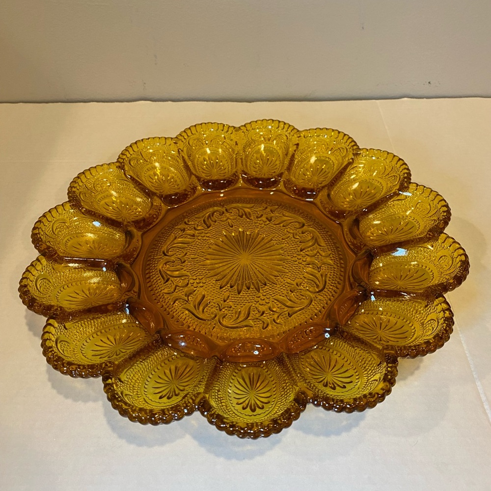 VINTAGE MID CENTURY AMBER PRESSED GLASS DEVILED EGG PLATE 12" X1.75" RELISH TRAY